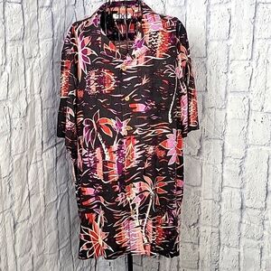 CARIBBEAN Silk Blend Pink‎ and Black Floral Button Up Men's Hawaiian Shirt XL